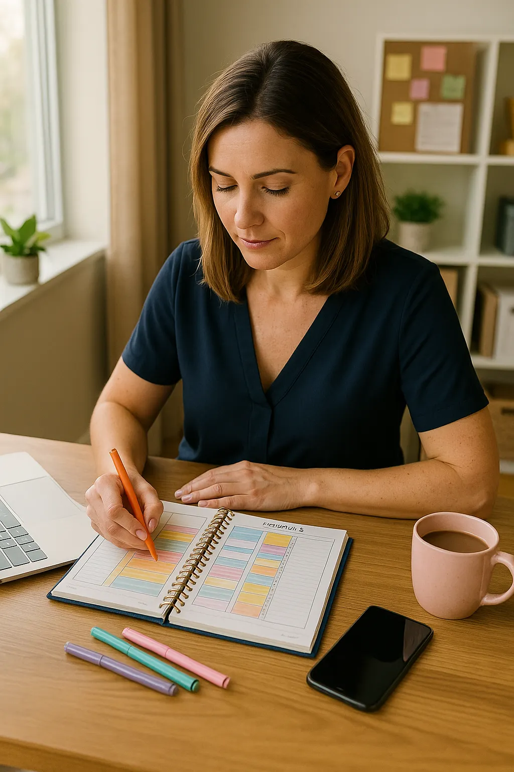 Female entrepreneur planning her day sitting at a desk