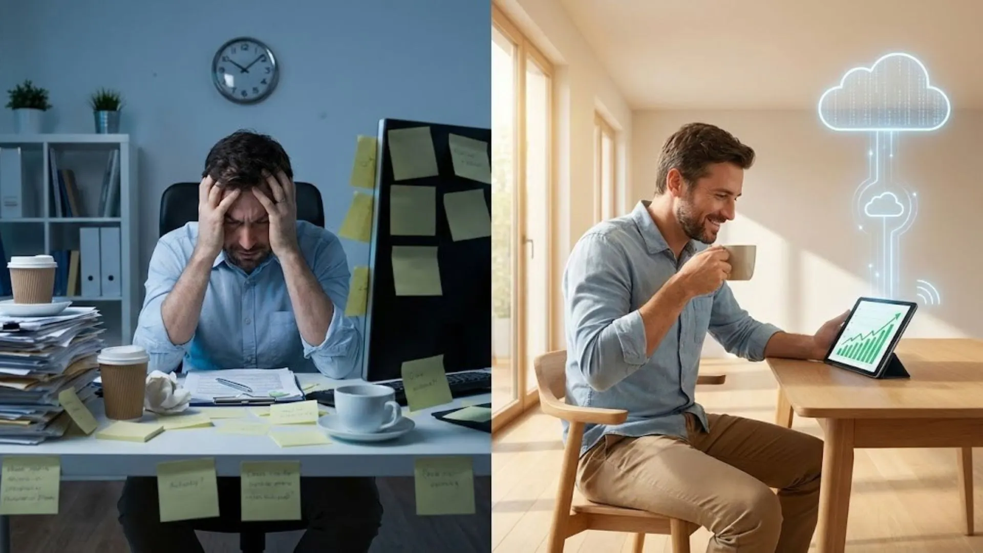 Comparison of a stressed solopreneur versus a relaxed business owner using coaching business scaling automation.