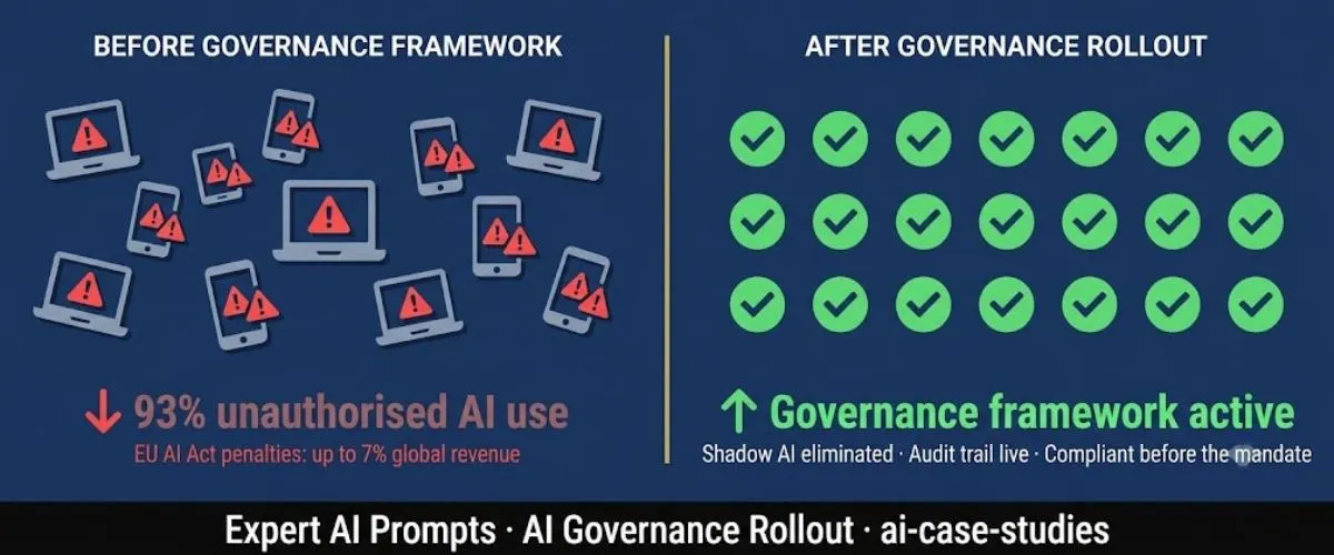 AI governance rollout before/after: 93% shadow AI rate eliminated, governance framework deployed before EU AI Act mandate