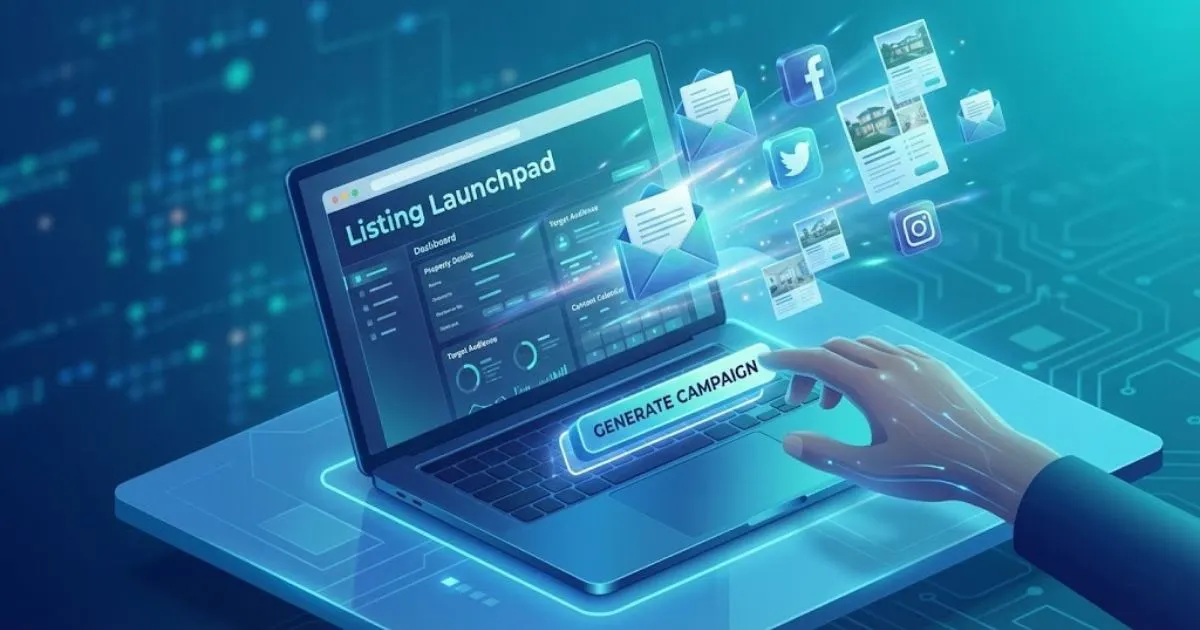 Automated real estate listing workflow showing emails and social posts.