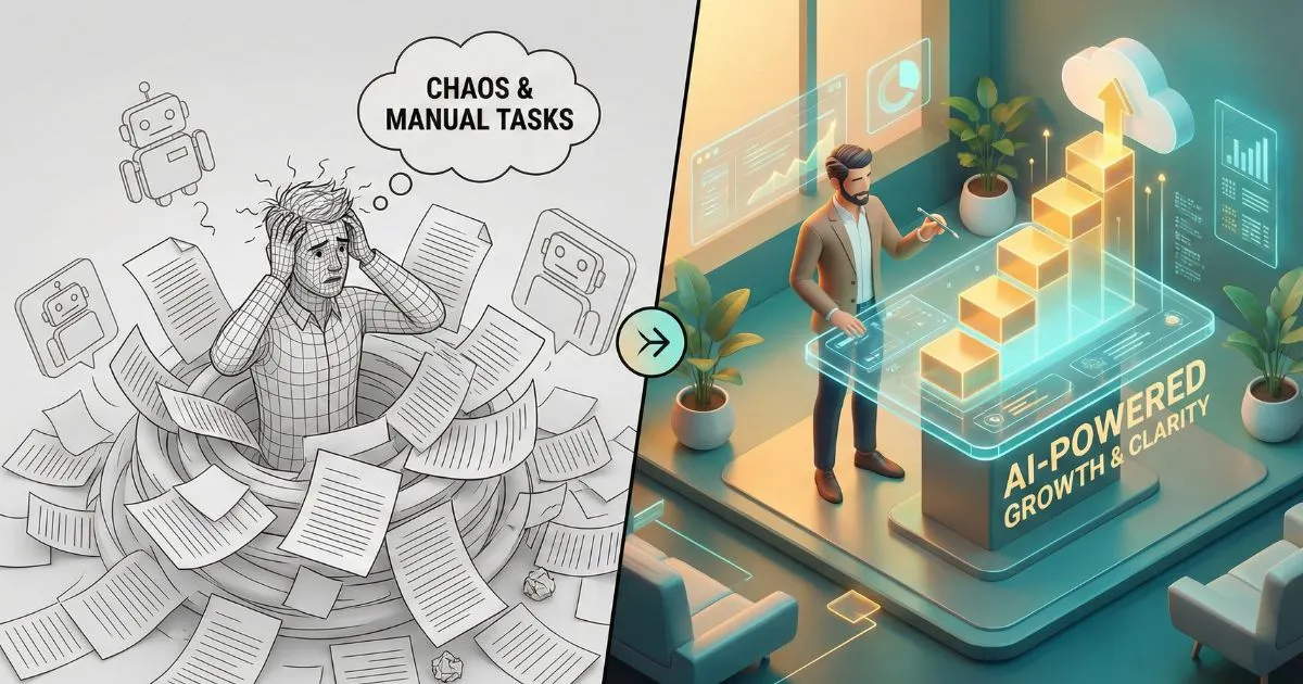 Comparison of chaotic manual SEO work versus streamlined AI for SEO workflow.