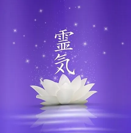 White lotus floating on water with glowing Reiki symbols in a starry purple background, representing universal energy and spiritual healing.