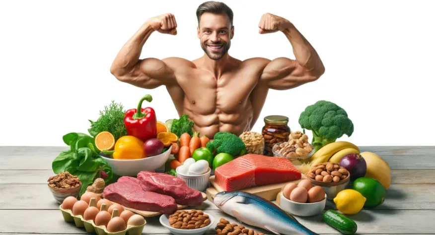 a diverse selection of healthy foods that boost testosterone levels, laid flat on the table, with a muscular smiling man flexing his muscles behind the table.