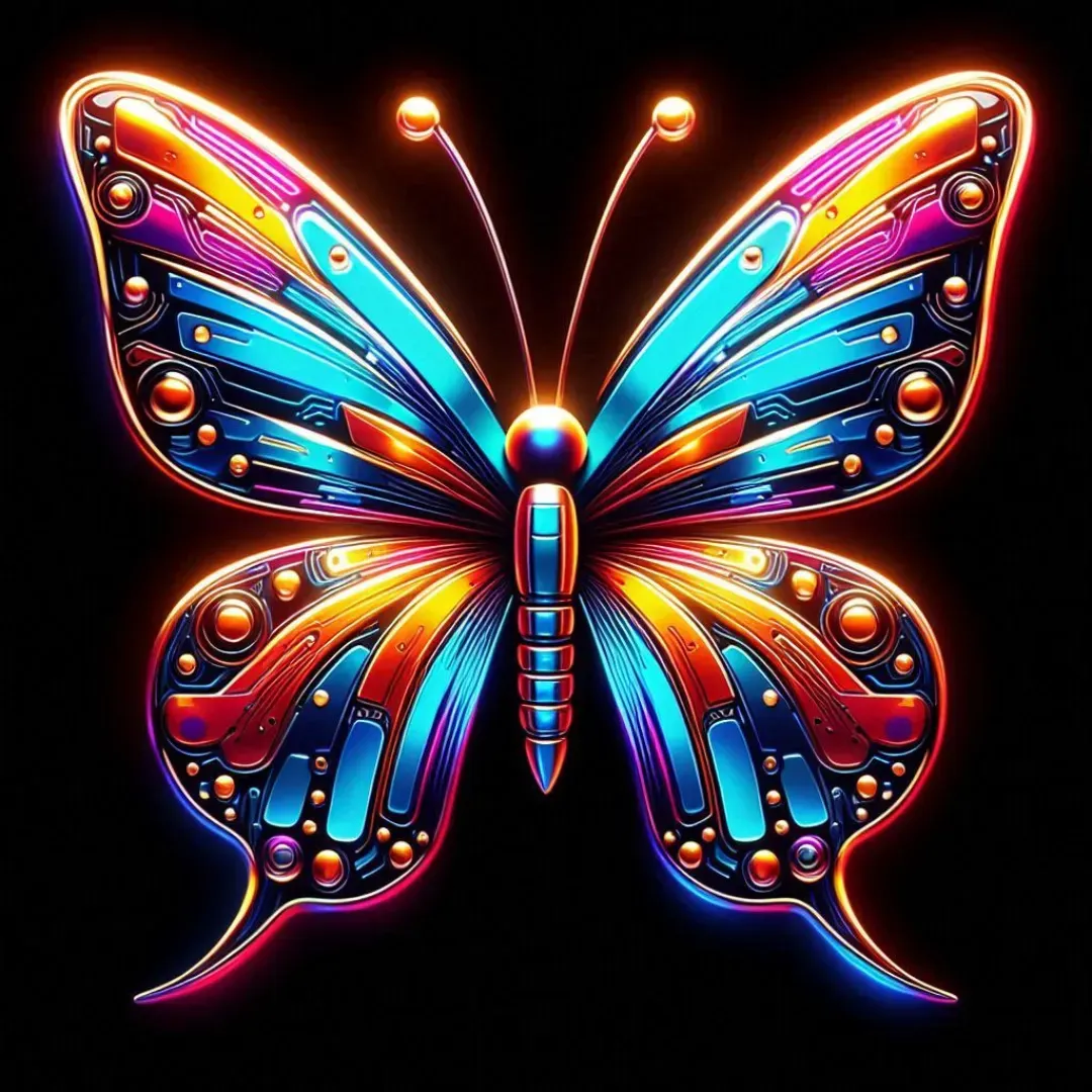 Vibrant futuristic butterfly illustration featuring glowing neon wings with intricate circuit-board patterns in electric blue, orange, pink, and purple. The symmetrical digital design combines technology, transformation, innovation, and growth themes against a black background, creating a striking symbol of personal development, wellness transformation, and modern branding.