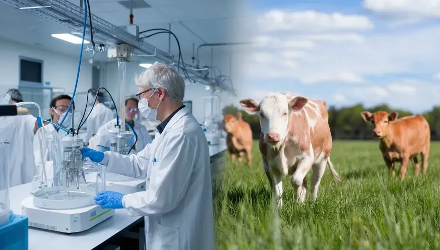 A high-tech lab with bioreactors and scientists in white lab coats working on cultivated meat production. Blended into the image and off to the side is a serene farm scene with happy, free-roaming animals in a lush, green pasture, symbolizing the ethical benefits of cultivated meat.