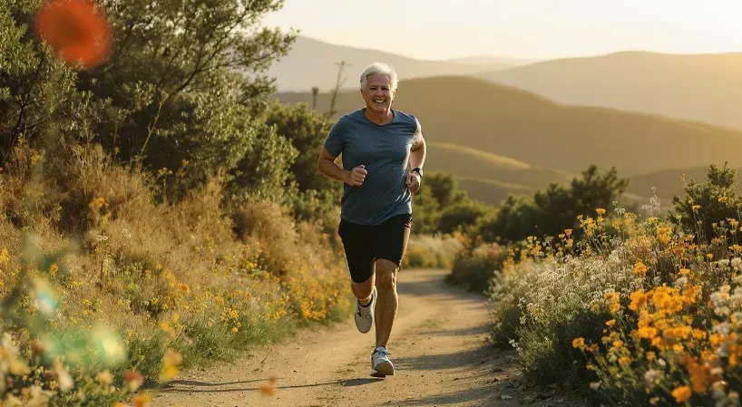 Long-term lifestyle scene showing an older adult jogging uphill confidently, natural landscape, emphasis on vitality rather than athleticism