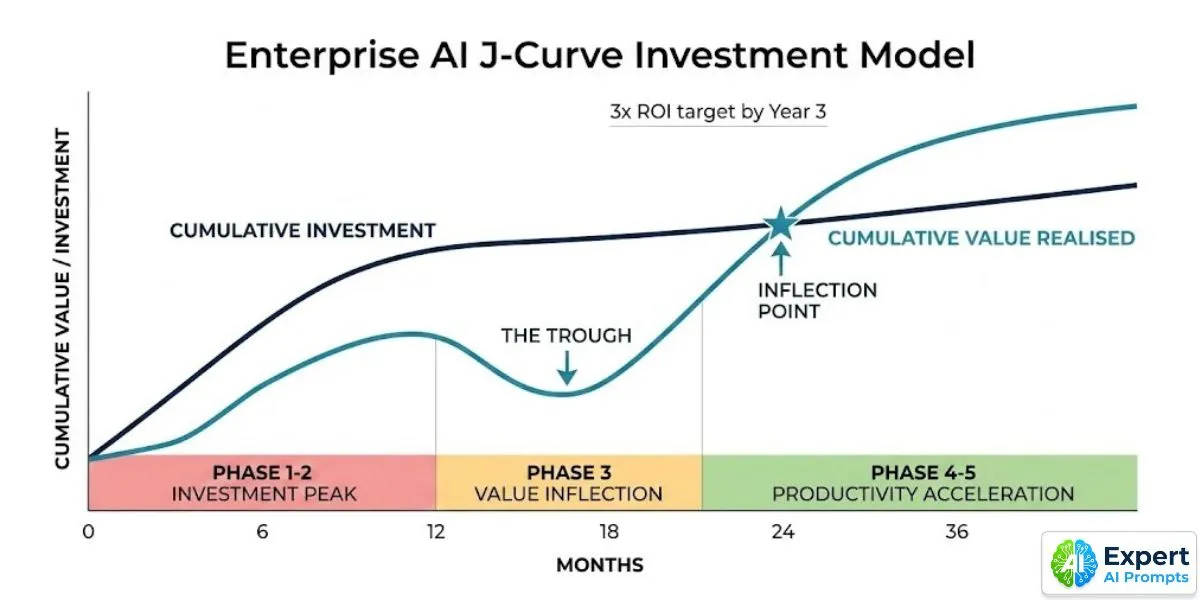 Enterprise AI J-Curve investment model -- investment trough and value inflection point
