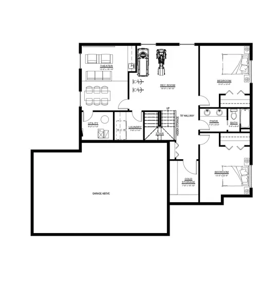 Basement floor plan featuring a home theater, recreation room, laundry room, utility room, two bedrooms, a shared bathroom, cold storage, and stairs leading to the upper floor.