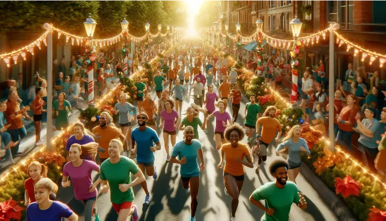 A cartoon of a fun-run with lots of people running through a festive street fair.