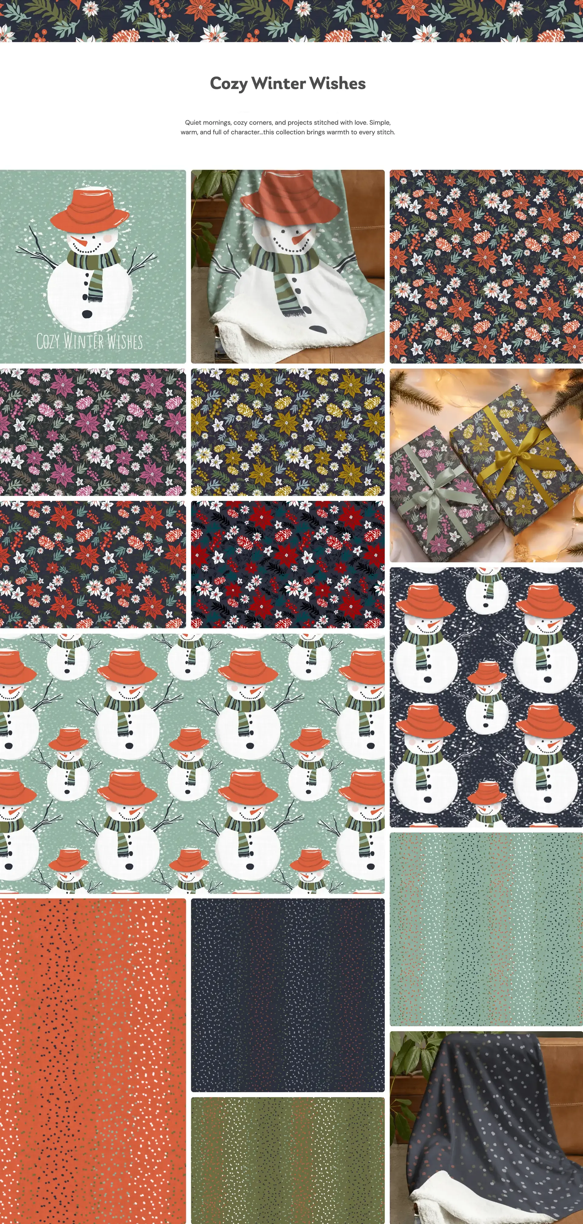 Cozy Winter Wishes collection board featuring whimsical snowman and winter floral repeat patterns in soft mint, navy, coral orange, olive, pink, gold, and cream, with coordinating speckled blenders, wrapped gift and throw blanket mockups, and a cozy hand-drawn holiday feel.
