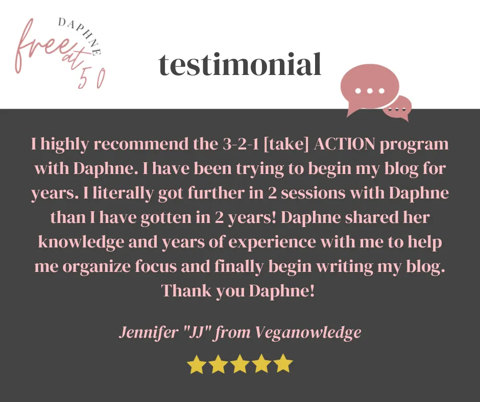 testimonial about using the 3-2-1 take action offer from Free At 50 blog's Daphne Reznik to start a blog and grow a bu
