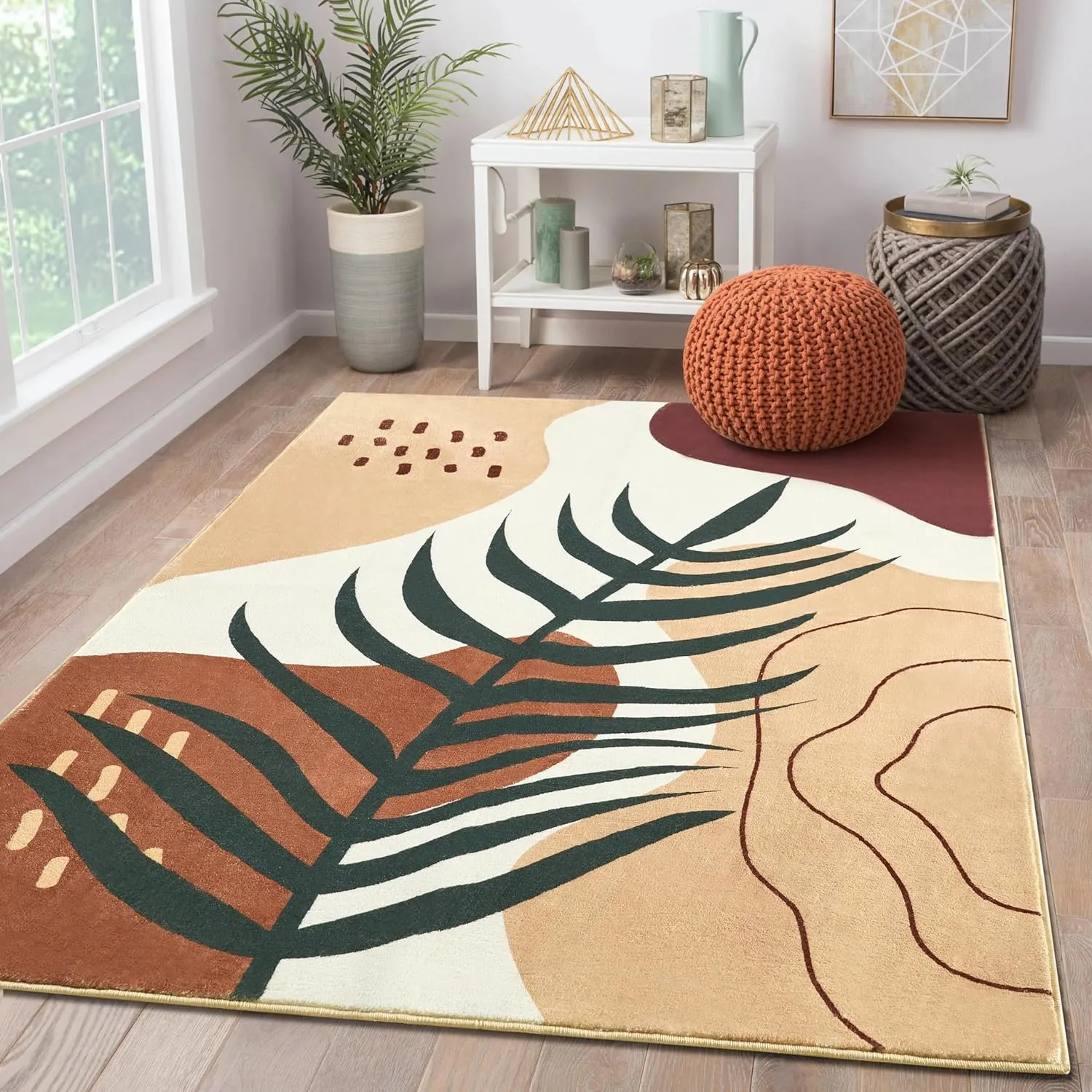 Boho leaf patterned colorful rug