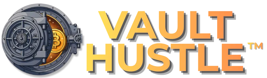 “Vault Hustle logo featuring a metallic vault door opening to reveal a gold Bitcoin symbol, with the bold ‘Vault Hustle’ wordmark beside it, representing ecommerce operations, digital asset‑backed branding, and the Vault Hustle retail identity.
