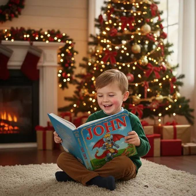 Little boy reading a book with his name on it.