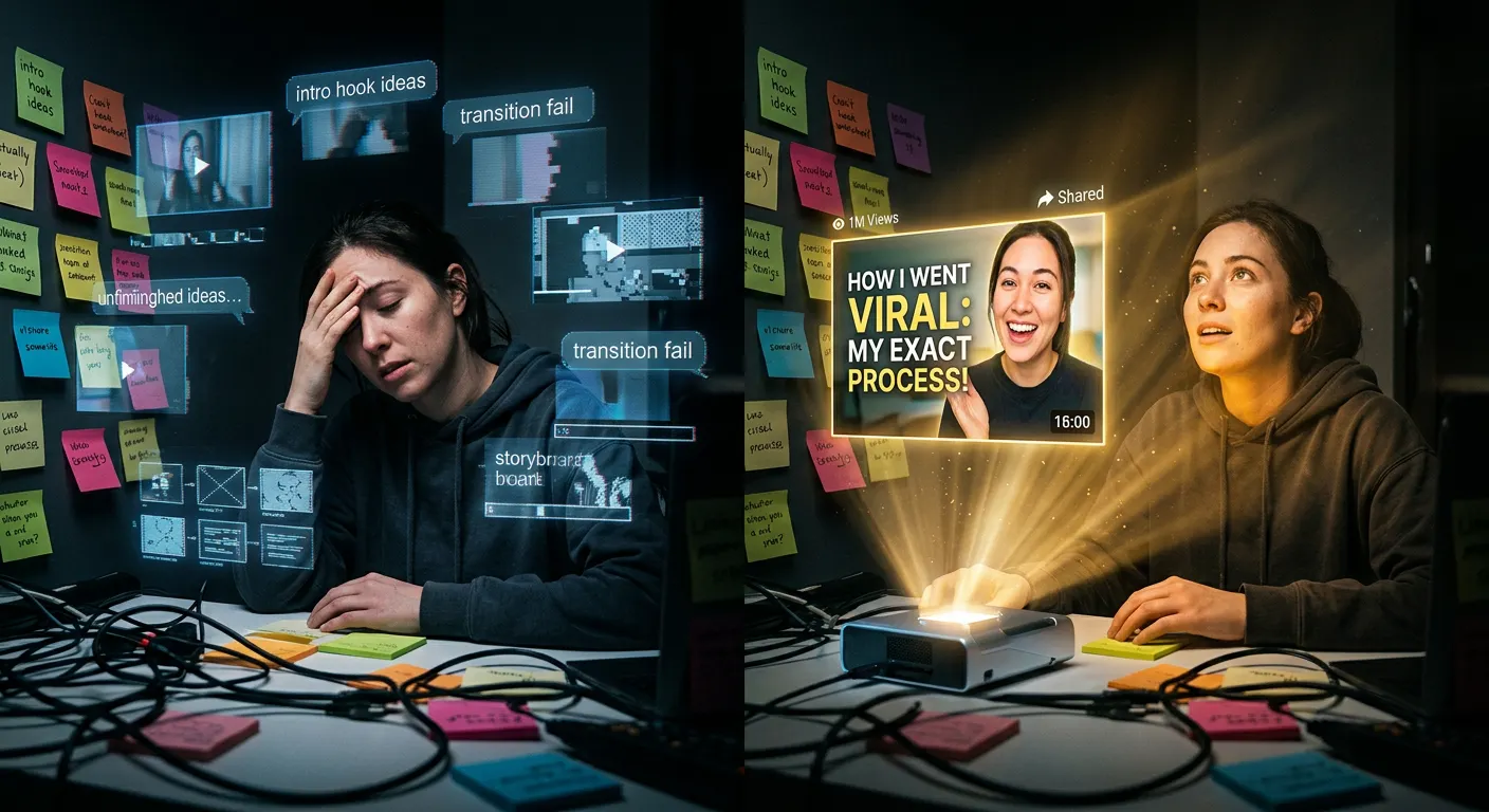 Stressed video creator surrounded by cluttered ideas gains clarity through AI assistant interface that instantly generates a finished video with simple workflow and automation