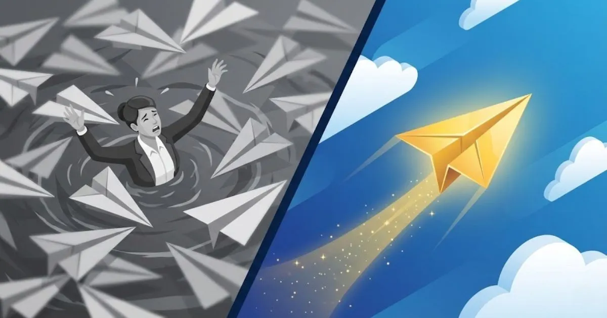 Comparison of chaotic generic marketing versus a focused niche marketing strategy represented by paper airplanes.