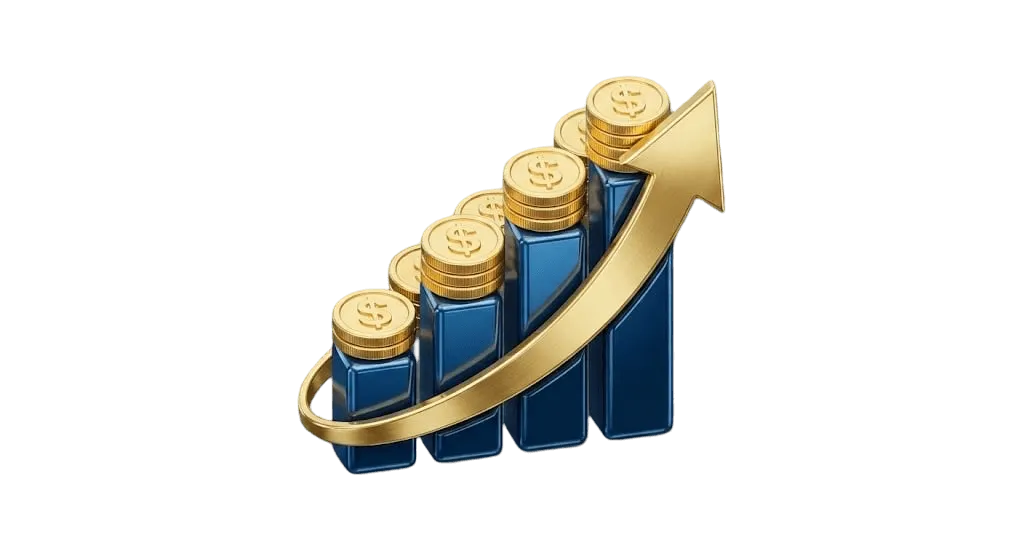 <alt=“3D blue and gold icon showing consistent income with rising financial trend for AHA corporate housing partners.”>