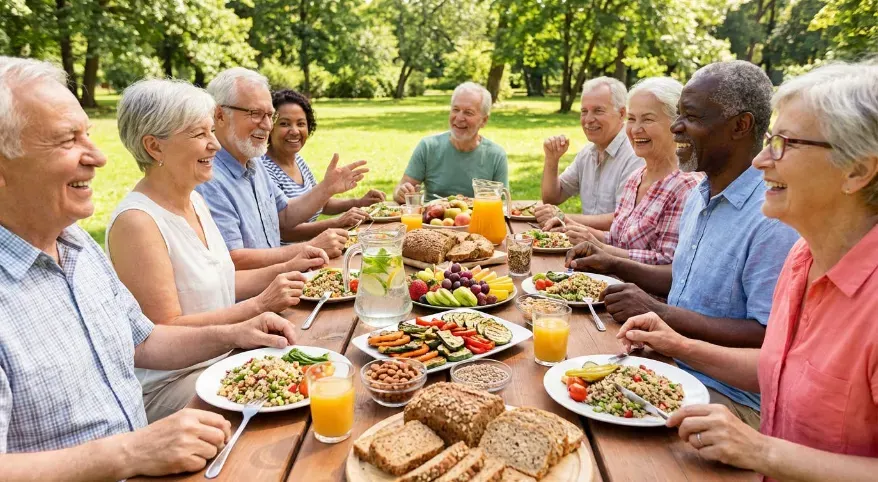 A group of elderly adults sitting around a picnic table. Beautiful sunny day. They are all smiling as if having a wonderful conversation. The table is full of healthy and nutritious foods.