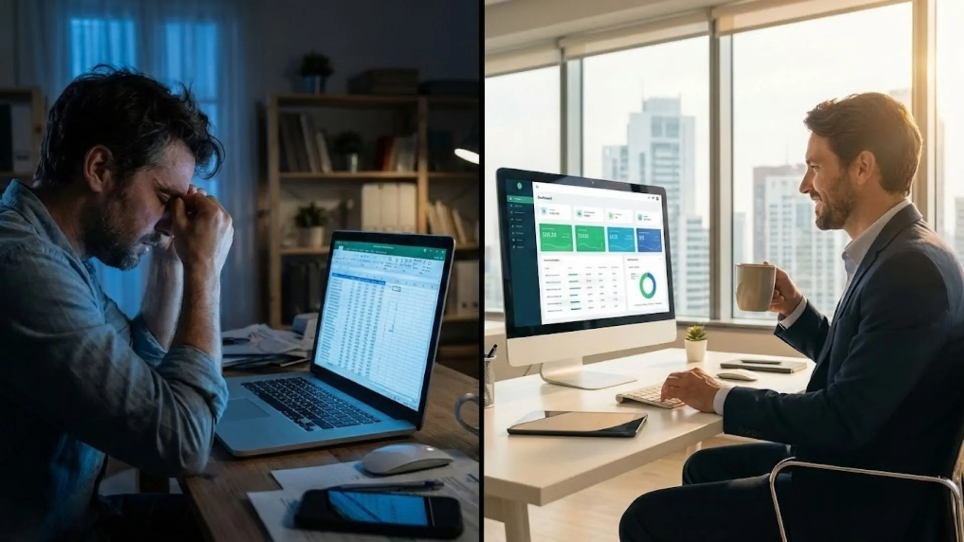 Stressed entrepreneur working late versus a confident business owner in a bright office.