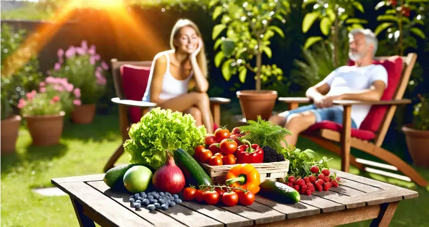 A man and woman sitting in their backyard under the shinning sun with an vibrant array of fruits and vegetables on a table nearby.