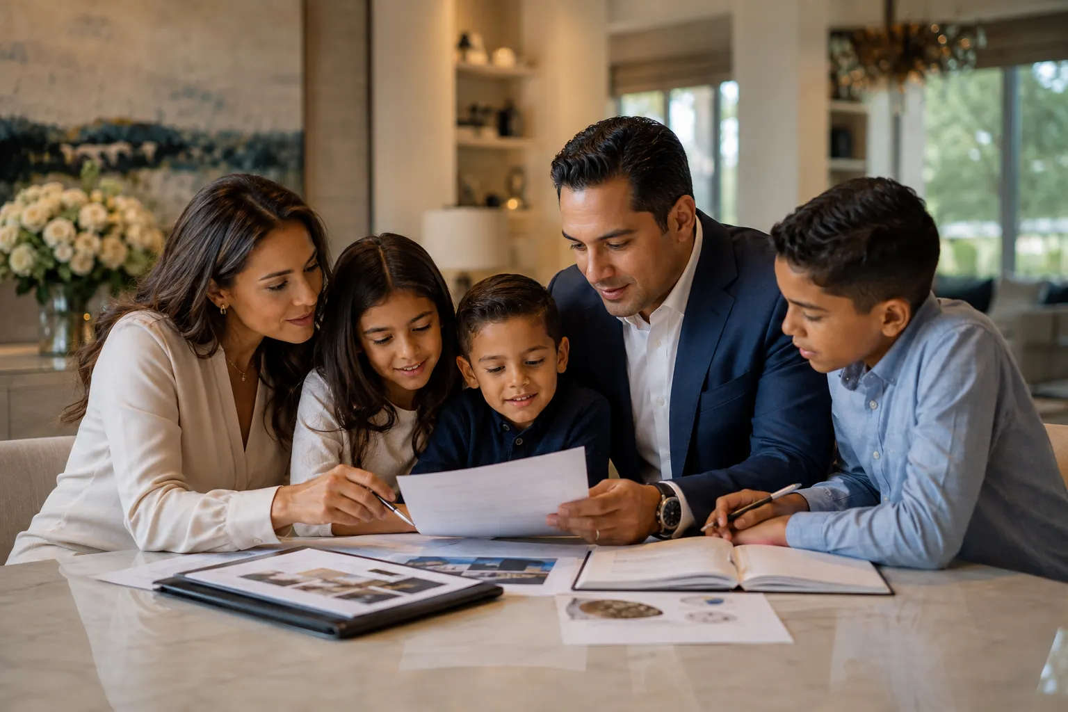 Hispanic family reviewing documents.