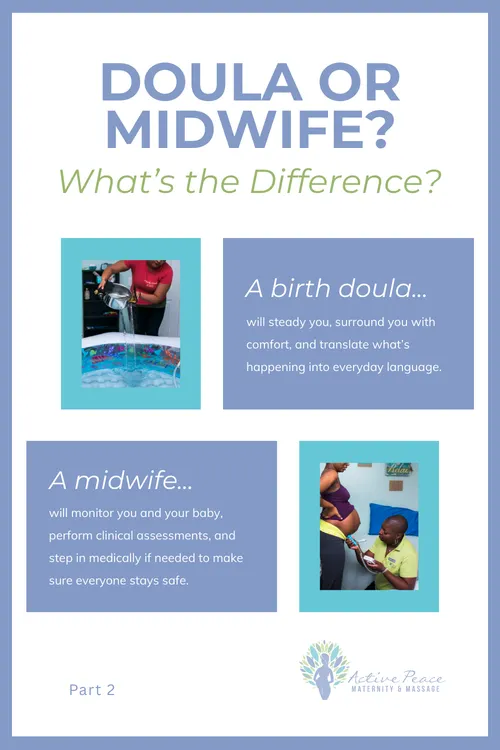 Pinterest infographic for blog post Part 2 in the ‘Doula or…?’ series. Title text: ‘Doula or Midwife? What’s the Difference?’ A box on the left with text reads ‘A birth doula… will steady you, surround you with comfort, and translate what’s happening into everyday language.’ A box on the right with text reads ‘A midwife… will monitor you and your baby, perform clinical assessments, and step in medically if needed to make sure everyone stays safe.’ Photos of birth support and a midwife accompany the text. Calm pastel blue background with Active Peace Maternity & Massage logo.