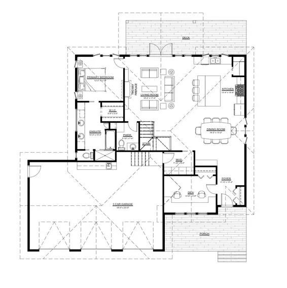 Architectural floor plan for a single-story home featuring a three-car garage, primary bedroom with ensuite and walk-in closet, living room with fireplace, dining room, kitchen with island, a den, mudroom, foyer, and a rear deck.