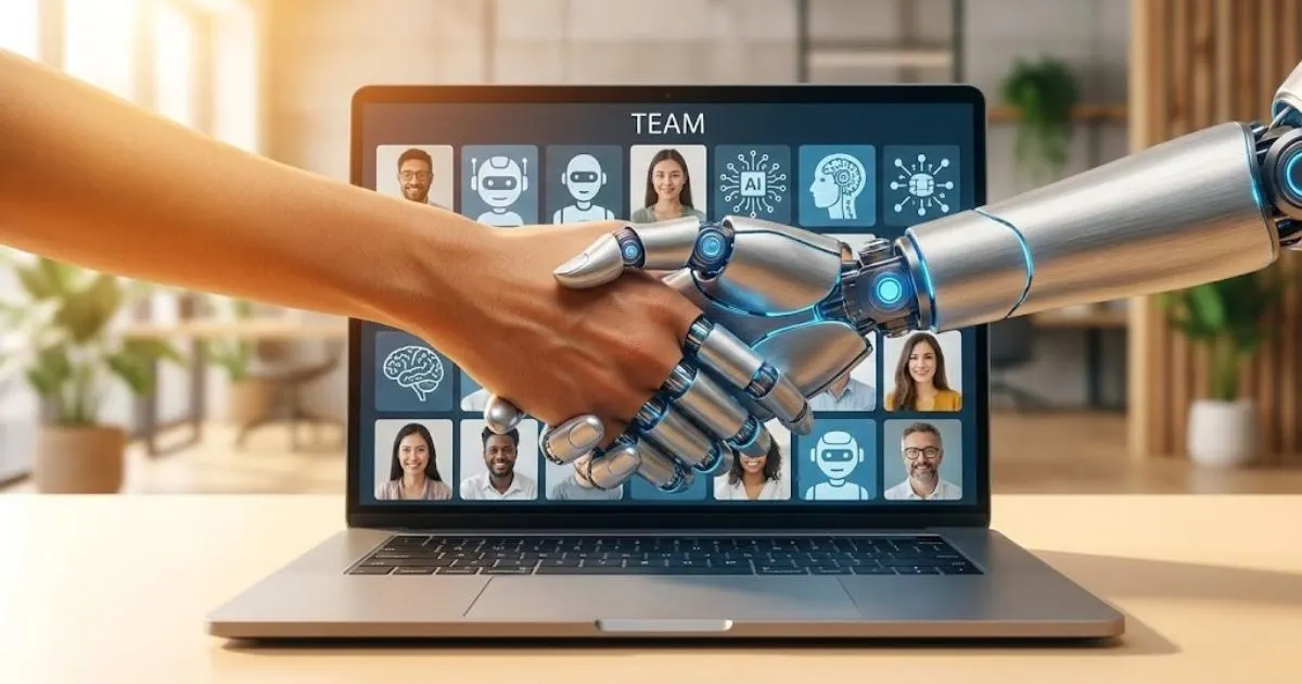Human and AI collaboration representing the hybrid workforce model for agencies.