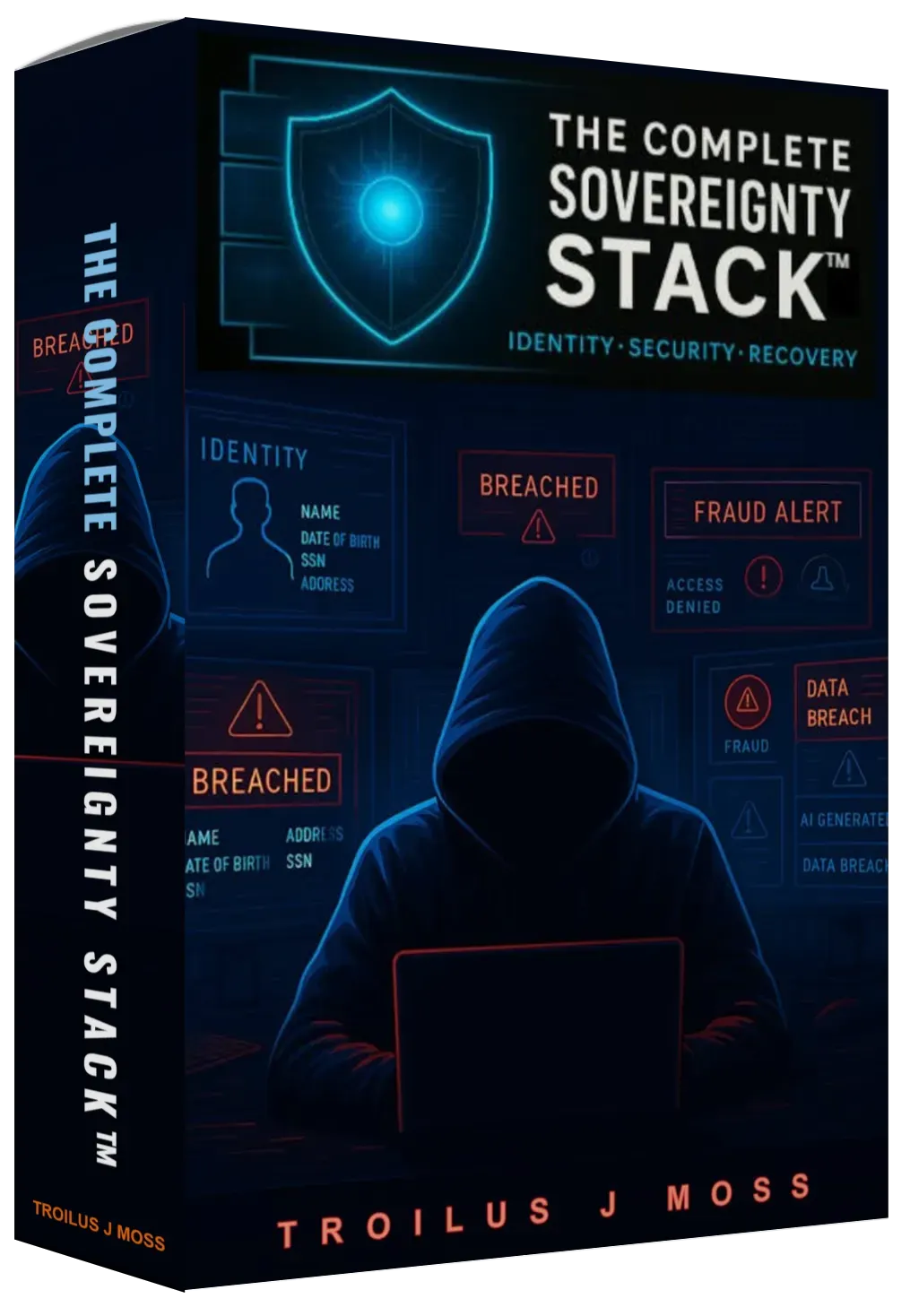 3D box shot of The Complete Sovereignty Stack™ featuring a dark, premium case design with cyan accents and a digital‑security aesthetic.