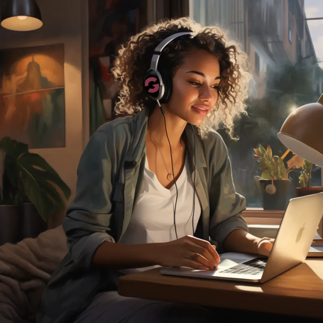 Woman listening to music and working i on her laptop. 