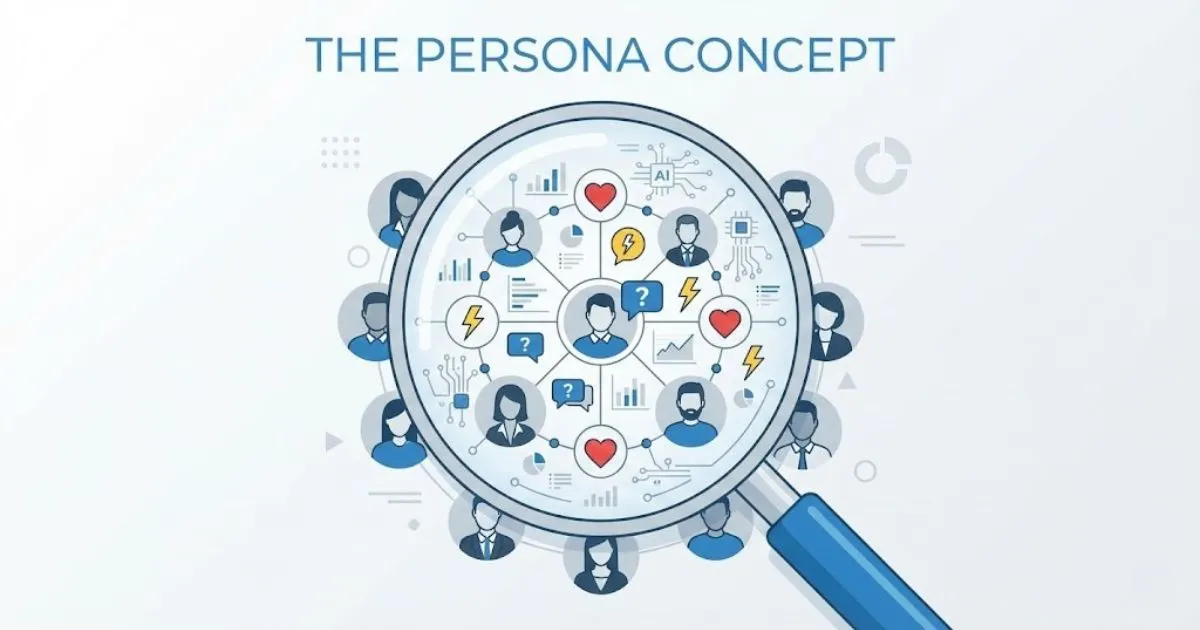 Magnifying glass revealing psychographic data points of a customer persona using AI.