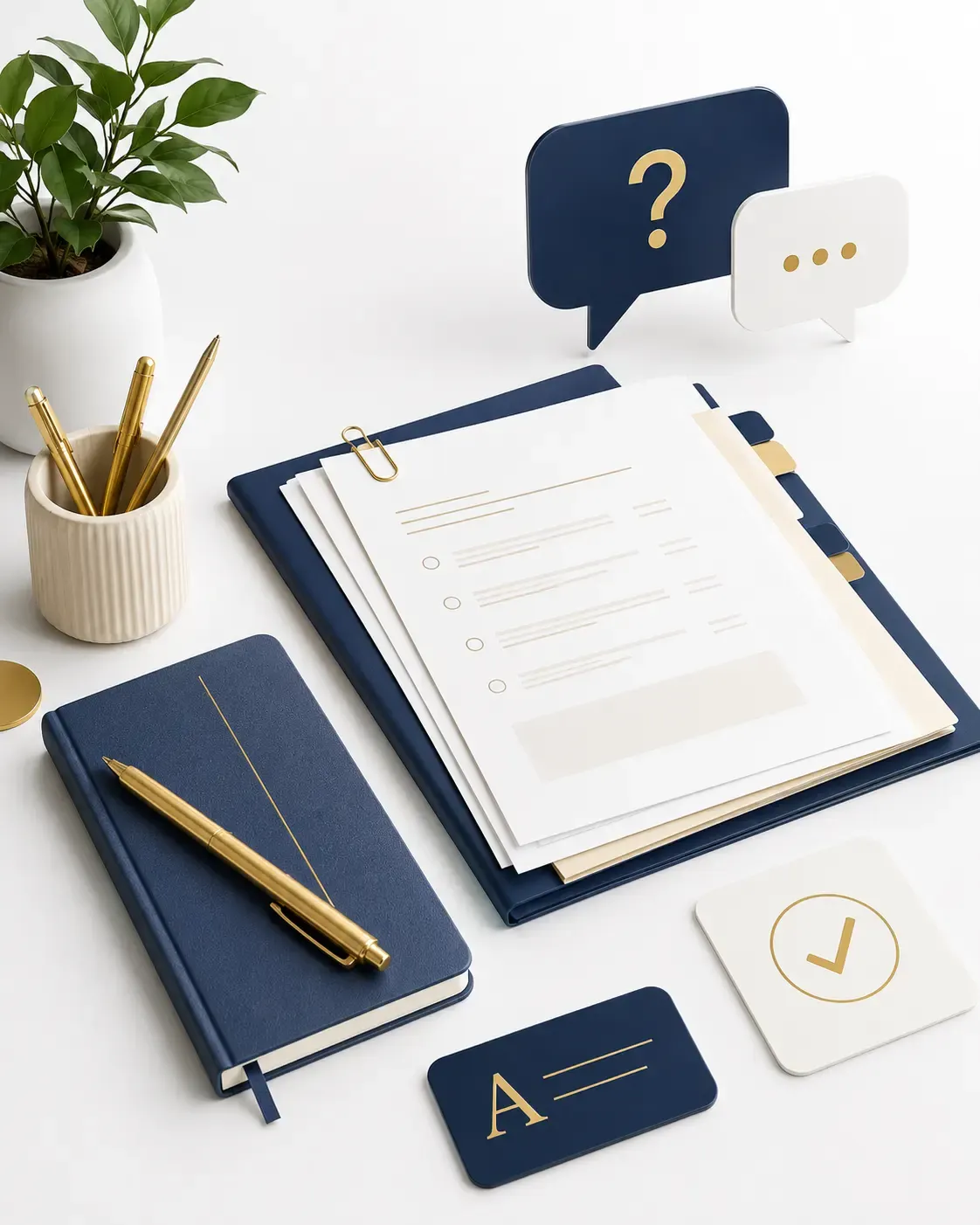 Clean white desk image showing paperwork, question bubbles, notes, and gold accents for The Notice Club FAQ section.