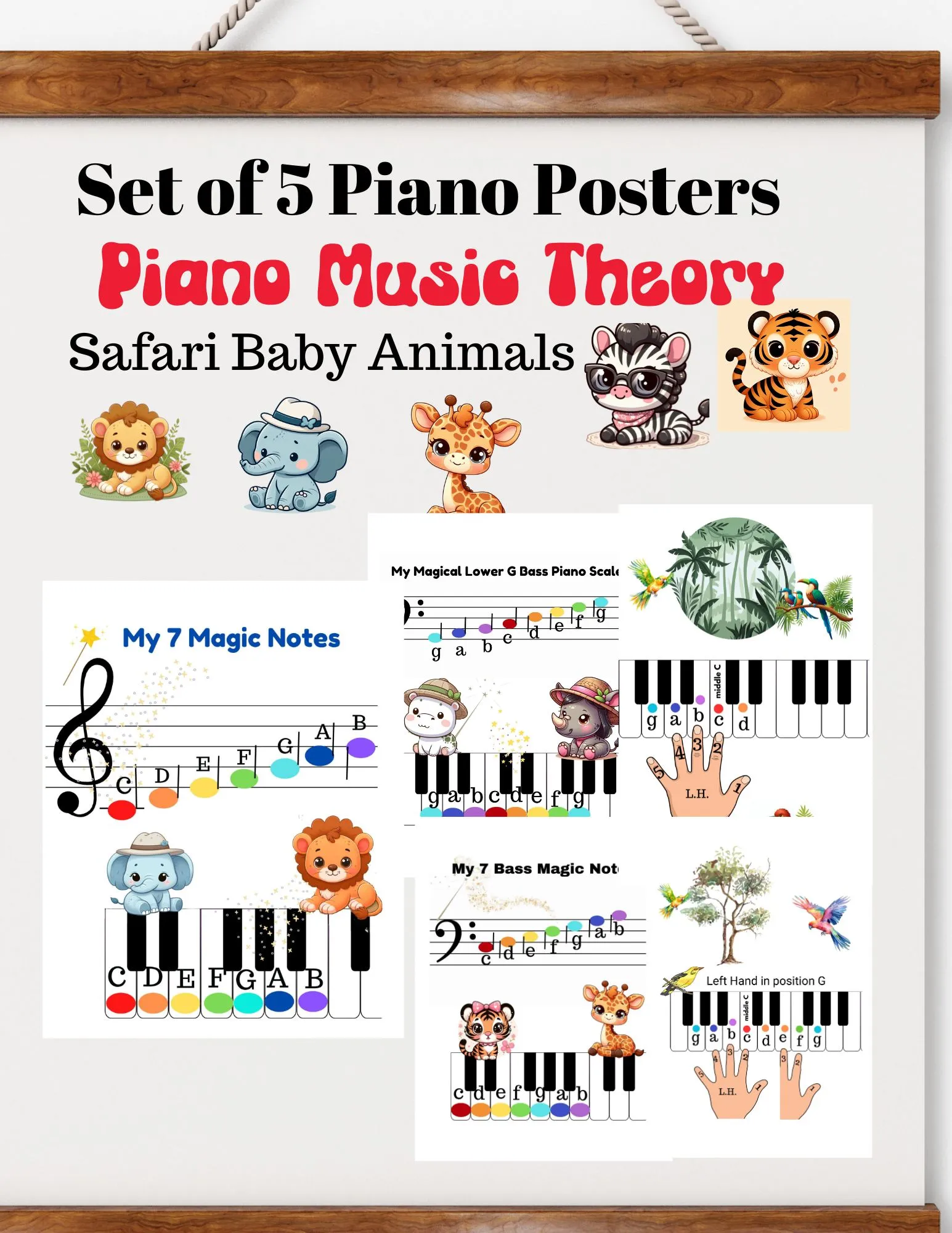5 Safari Animals Piano Notes Posters