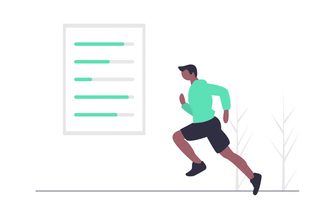 an illustration of a character running with an illustration of stats beside