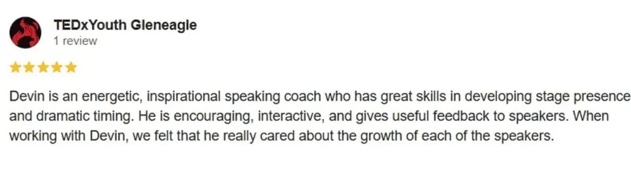 Google review from TEDxYouth praising Devin’s speaking coaching 
