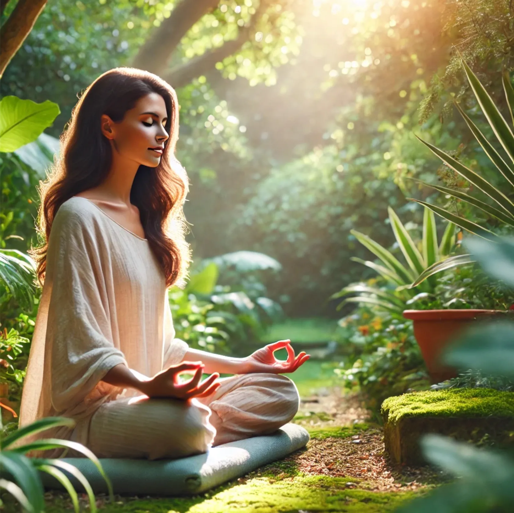 A peaceful person meditating outdoors, symbolizing personal transformation through surrender and mindfulness.