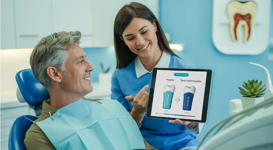 Dental professional educating a patient on fluoride vs nano-hydroxyapatite toothpaste options.