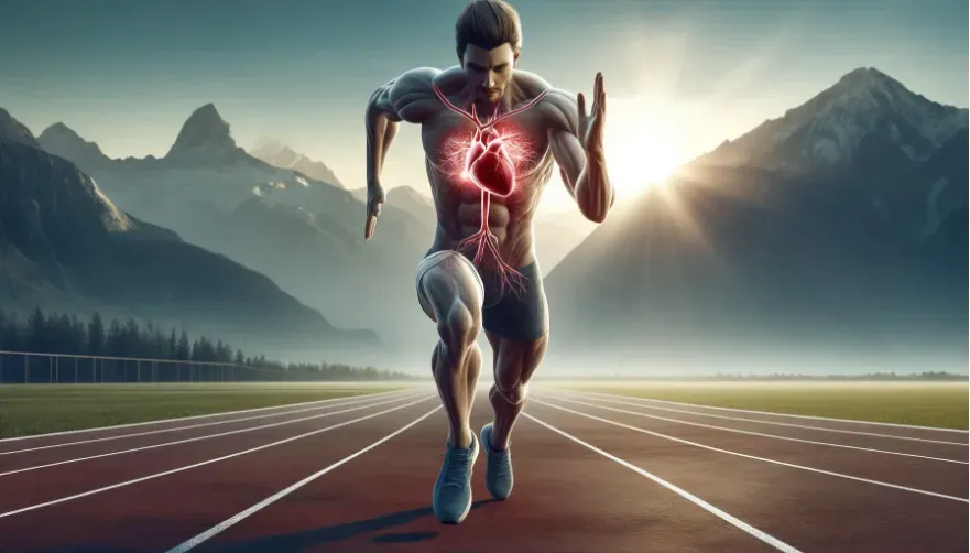 a man running towards viewer on a track with image of beating heart superimposed on his chest.