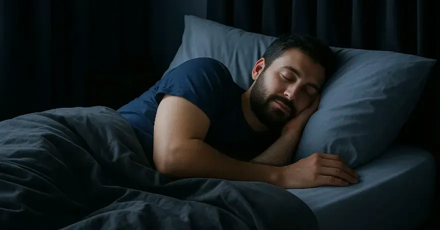 Man sleeping peacefully in a dark bedroom with blackout curtains, symbolizing deep restorative sleep.