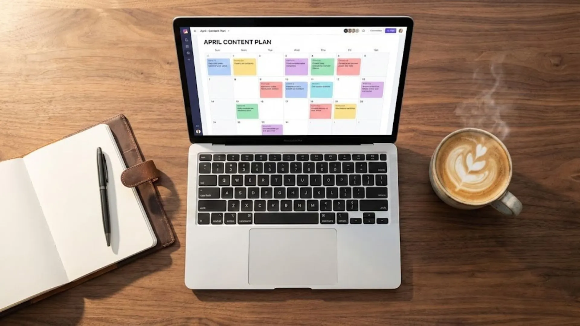 A clean desk with a laptop showing a content calendar, representing an efficient AI content strategy.