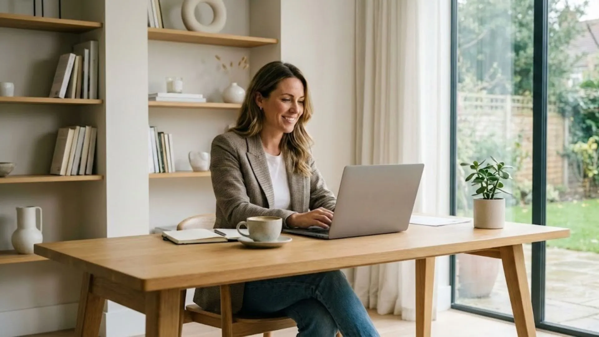 A relaxed consultant smiling at a laptop in a modern, organized home office.