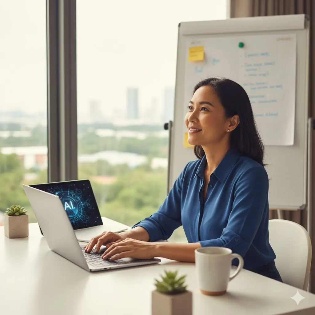 A confident small business owner works efficiently and stress-free, empowered by Expert AI Prompts.