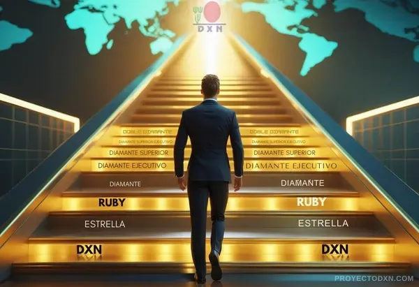 Una escalera de éxito que representa el plan de negocio y los rangos de DXN, un camino hacia el crecimiento y la libertad financiera.