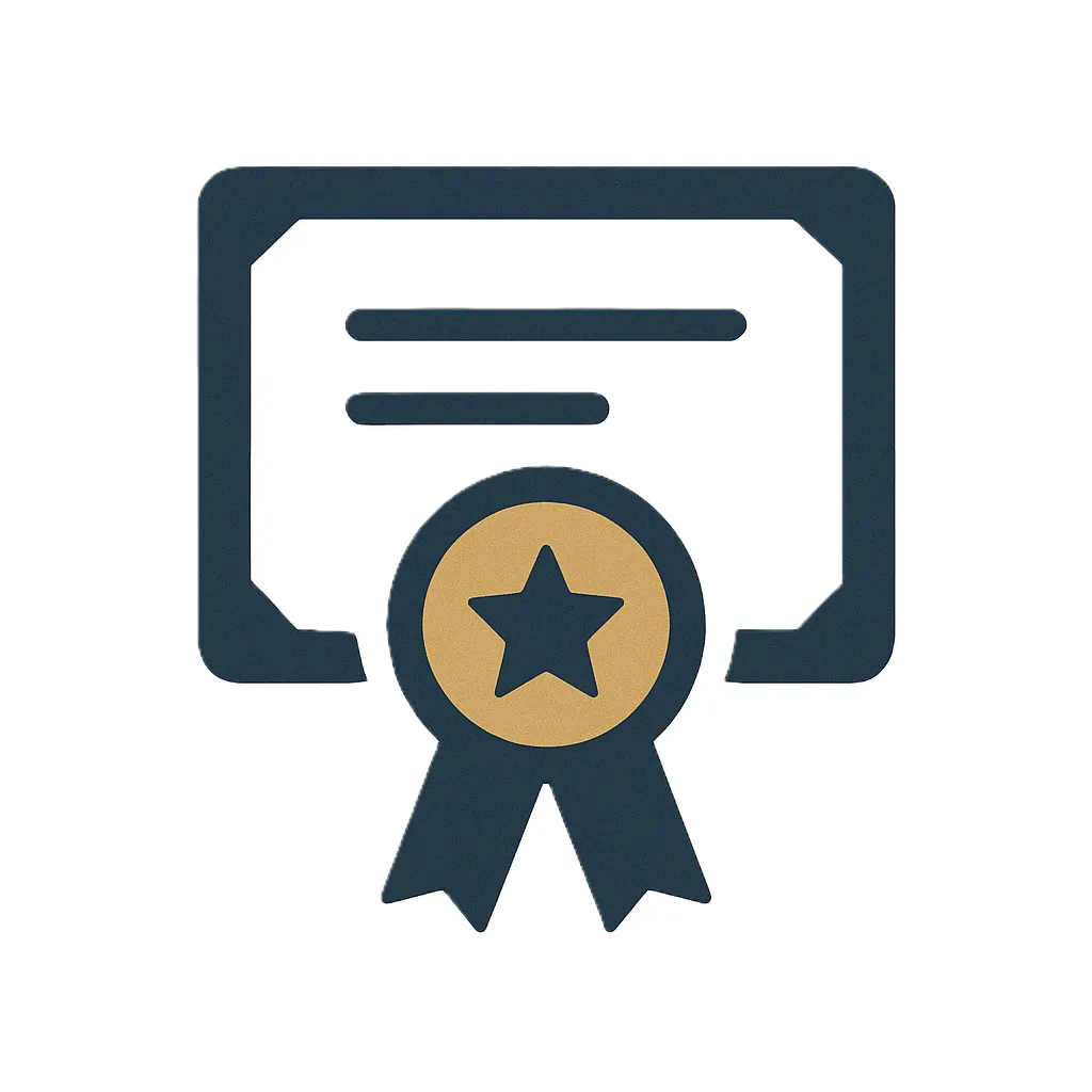 Modern flat icon showing a certificate with a gold badge and ribbon, representing ASA-accredited professional aircraft appraisers.