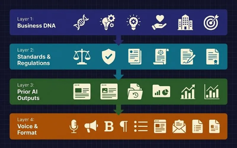 Diagram showing four layers of context stacking: Business DNA, regulatory standards, prior outputs, format
