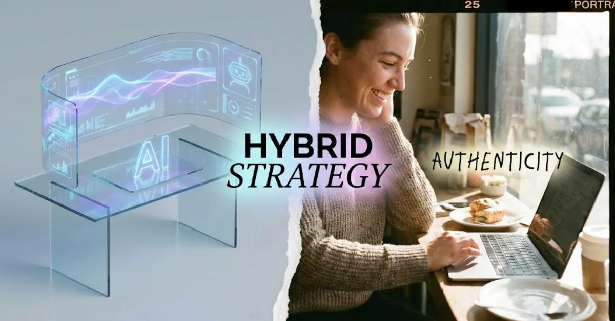 Split screen showing futuristic AI graphics on the left and a candid photo of a person working in a cafe on the right, illustrating visual content trends.