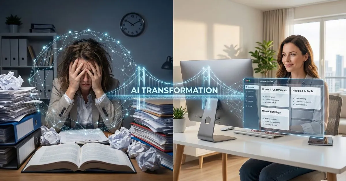 A course creator transforming from overwhelmed to organized using AI tools.