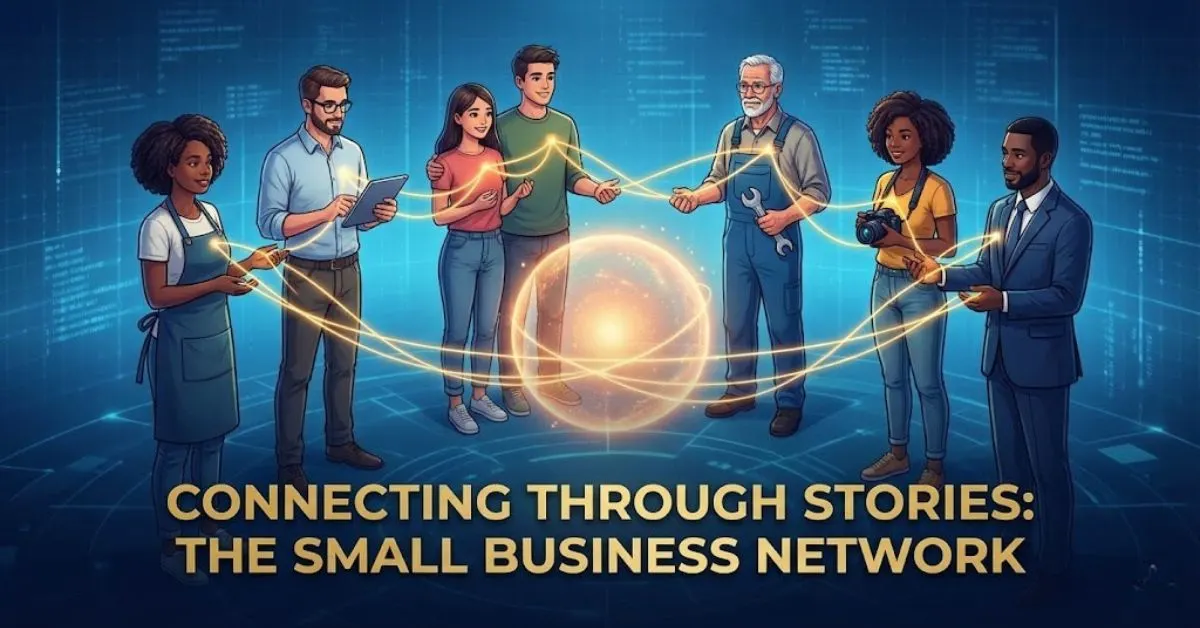 Business owners connected by glowing lights representing storytelling.