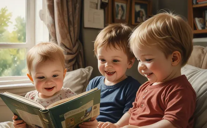 children enjoying reading a book