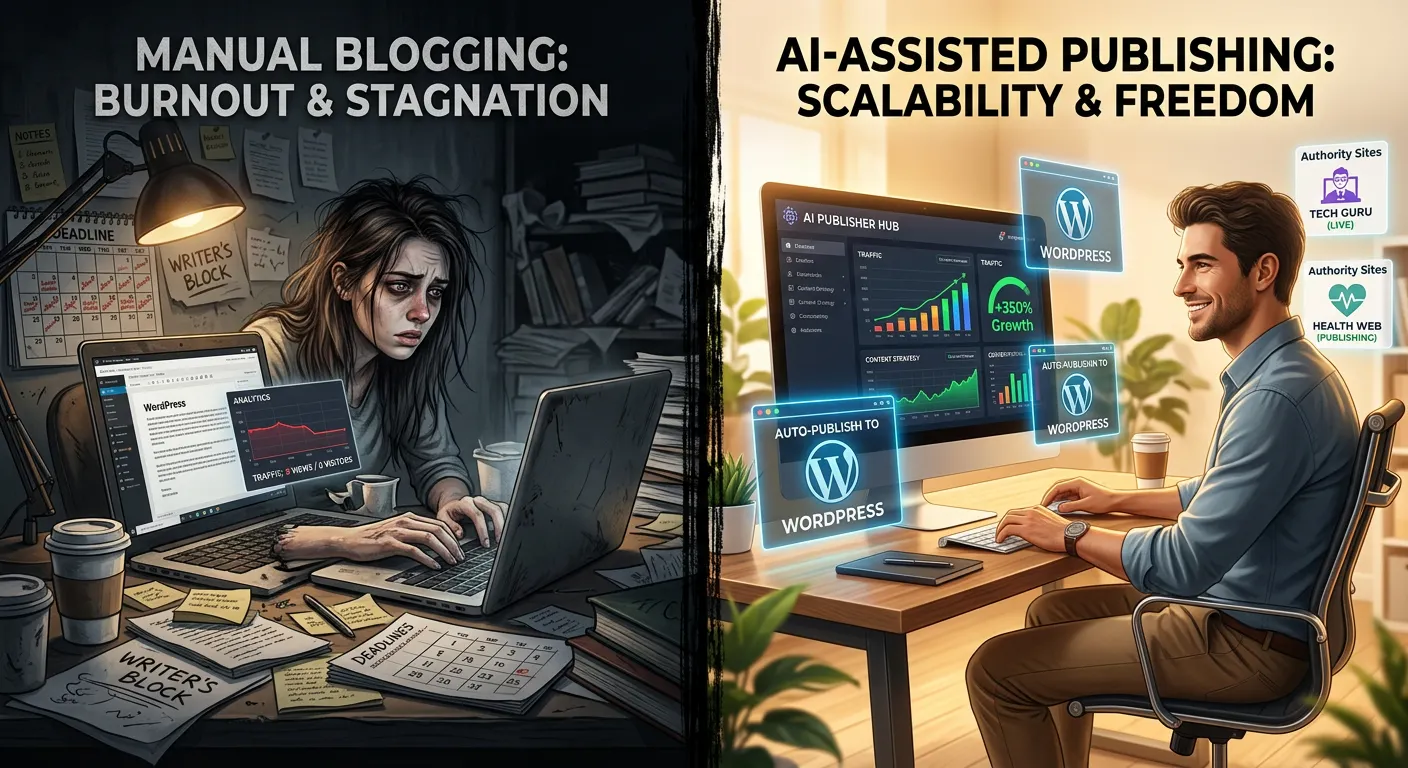 Split-scene comparison showing manual blogging burnout versus AI-assisted publishing with multiple WordPress sites auto-publishing